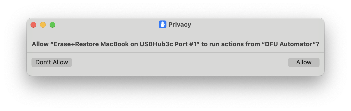 DFU Automator Privacy popup