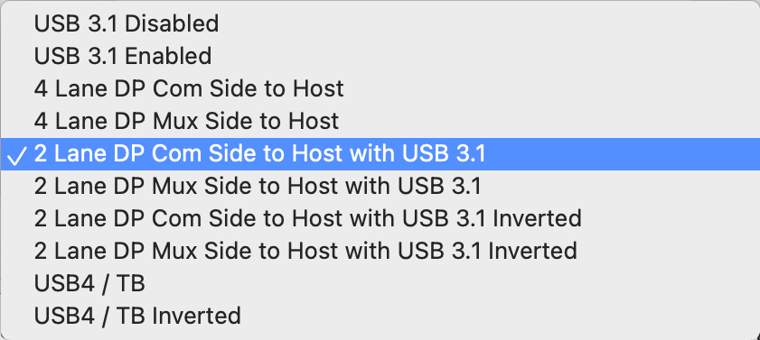 HubTool Alt Mode menu with 2 Lane DP Com Side to Host with USB 3.1 selected